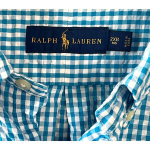 RALPH LAUREN Men Size 2XB Big Teal Check Seersucker Short Sleeve Button Up Shirt